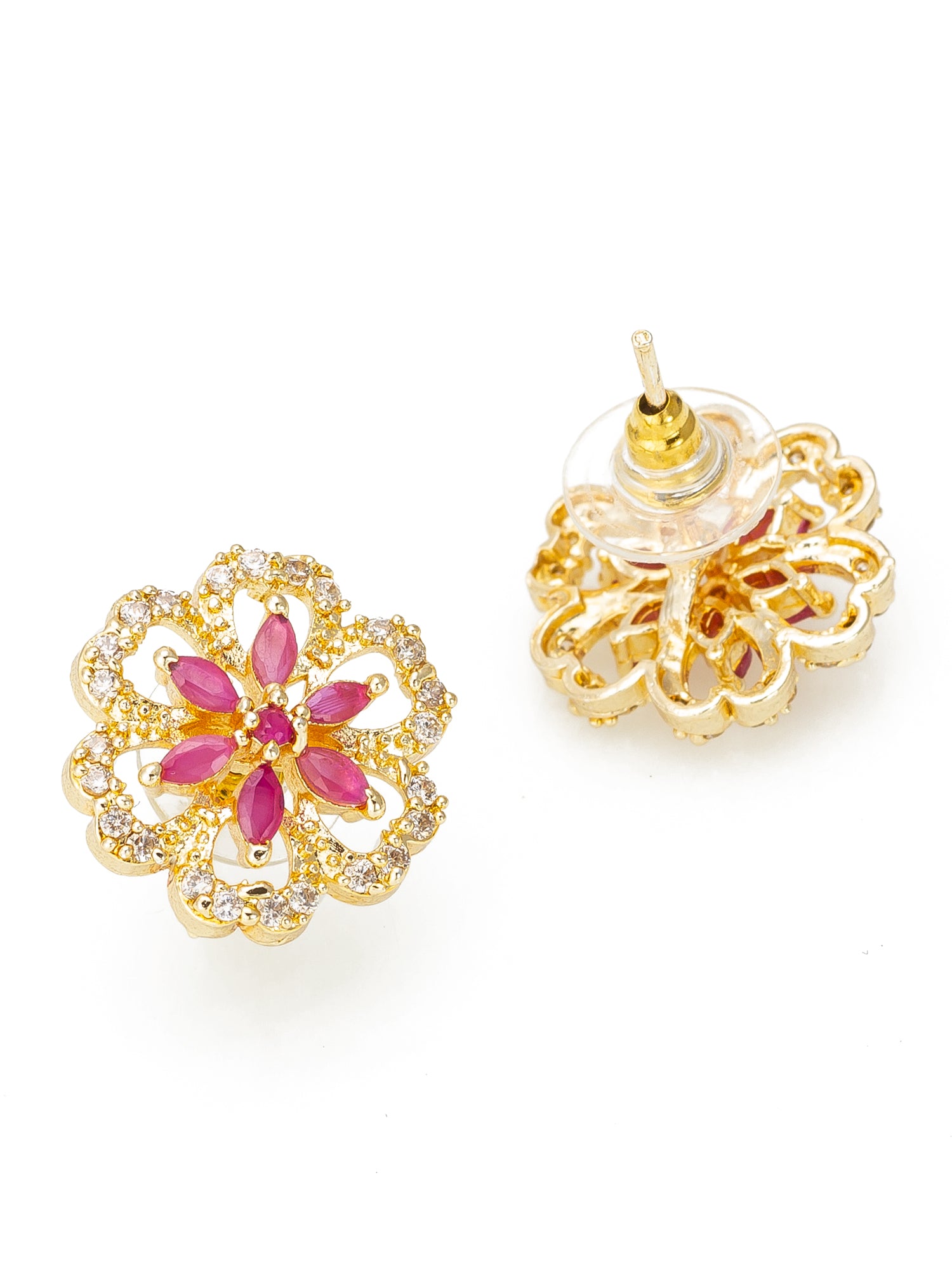 Aadita Ethnic Wear Gold-Plated Floral Open-Work Stud Earrings with Pink Marquise and White AD Stones