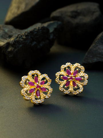 Aadita Ethnic Wear Gold-Plated Floral Open-Work Stud Earrings with Pink Marquise and White AD Stones
