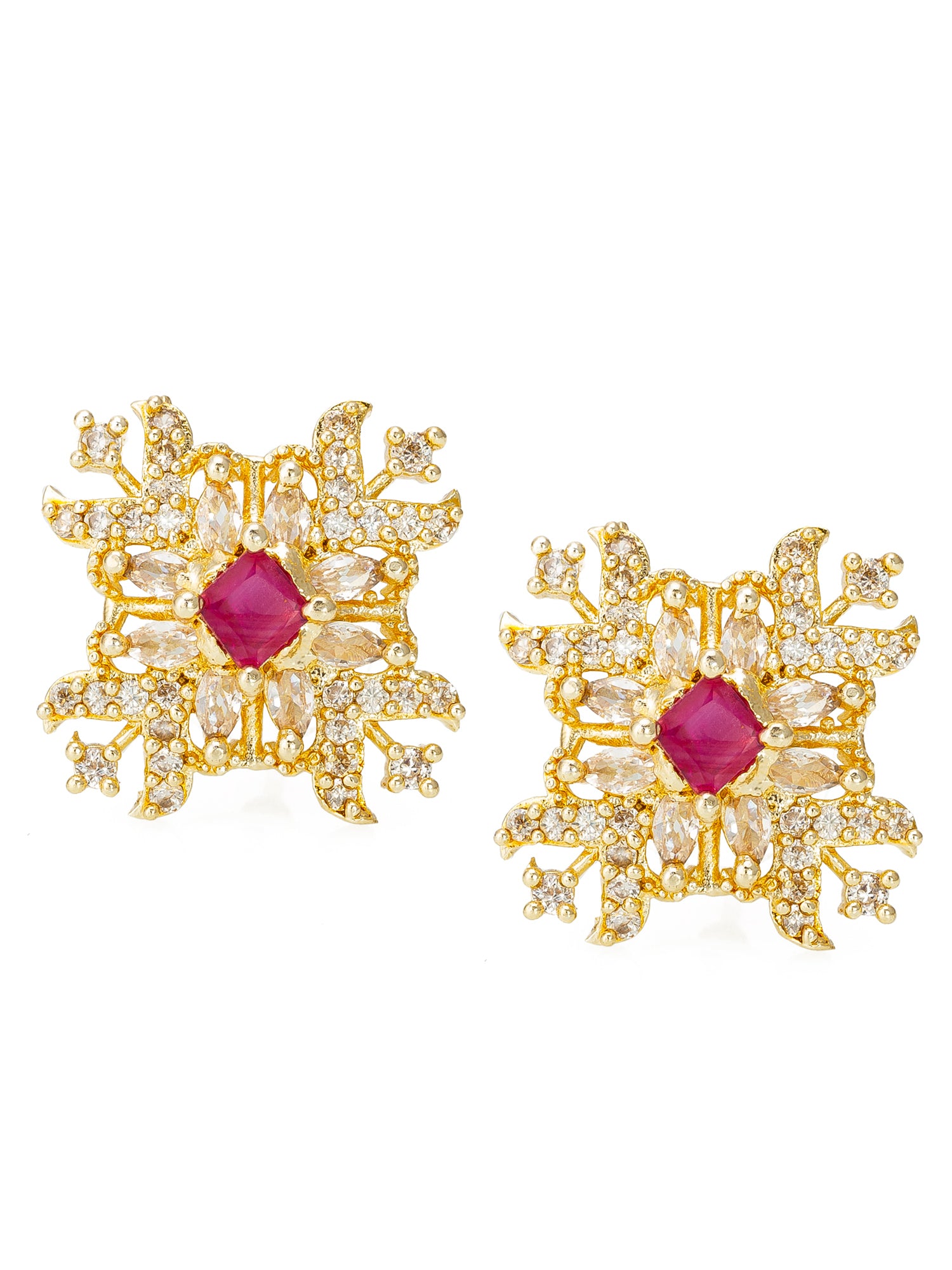 Aadita Party Wear Gold-Plated Red and White AD Stone Floral Stud Earrings