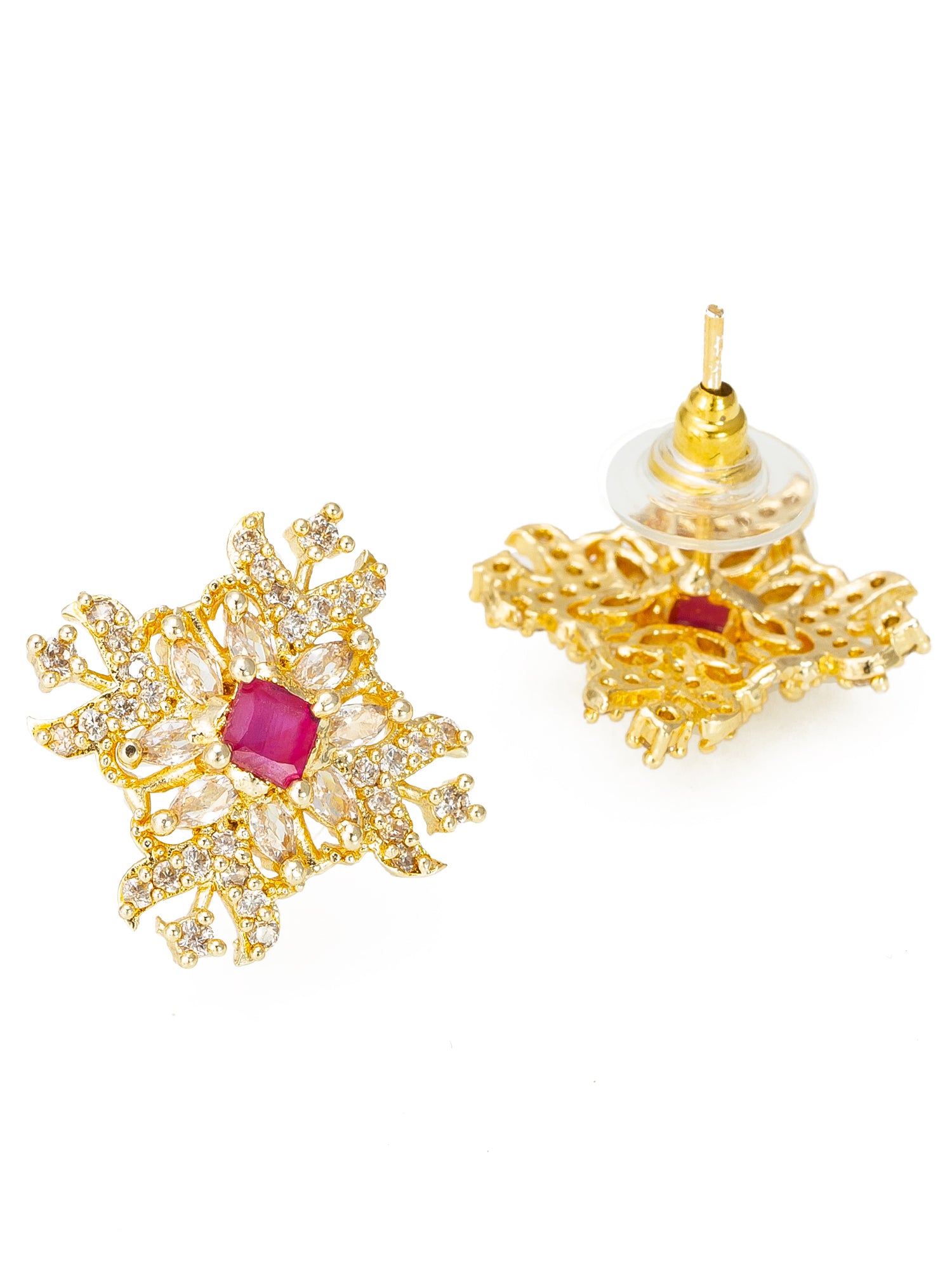 Aadita Party Wear Gold-Plated Red and White AD Stone Floral Stud Earrings