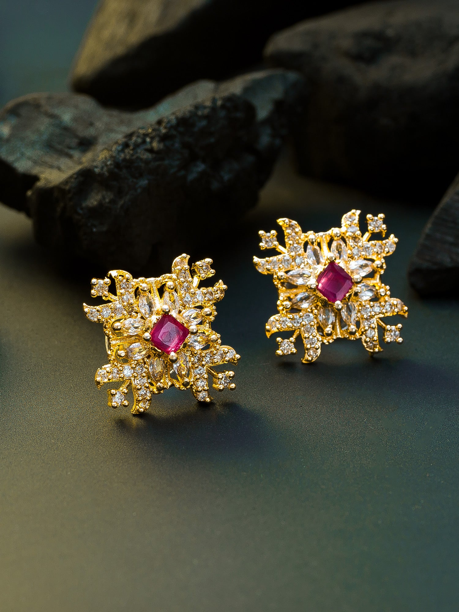 Aadita Party Wear Gold-Plated Red and White AD Stone Floral Stud Earrings