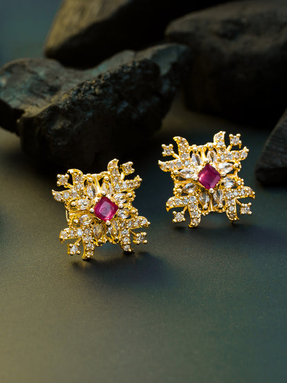 Aadita Party Wear Gold-Plated Red and White AD Stone Floral Stud Earrings