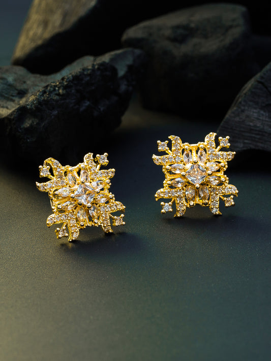 Aadita Festive Wear Gold-Plated Champagne and White AD Stone Floral Snowflake Stud Earrings