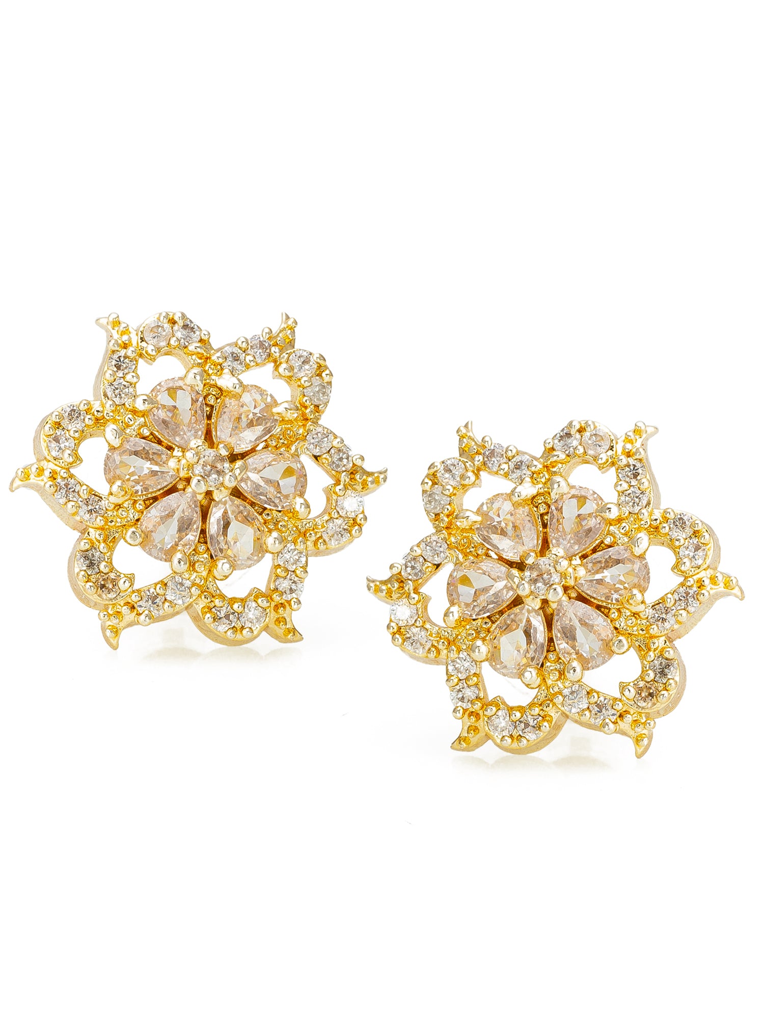 Aadita Gold-Plated Floral AD Stone Stud Earrings with Champagne and White Stone For Celebratory Function