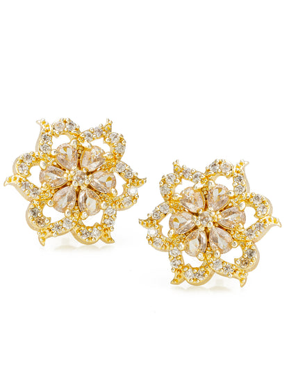 Aadita Gold-Plated Floral AD Stone Stud Earrings with Champagne and White Stone For Celebratory Function
