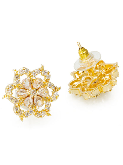 Aadita Gold-Plated Floral AD Stone Stud Earrings with Champagne and White Stone For Celebratory Function