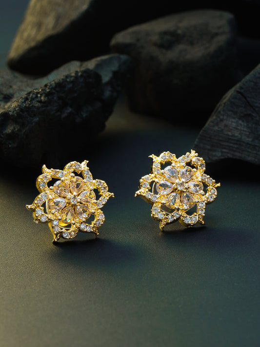 Aadita Gold-Plated Floral AD Stone Stud Earrings with Champagne and White Stone For Celebratory Function