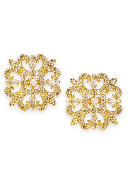 Aadita Traditional Wear Gold-Plated White AD Stone Filigree Floral Stud Earrings