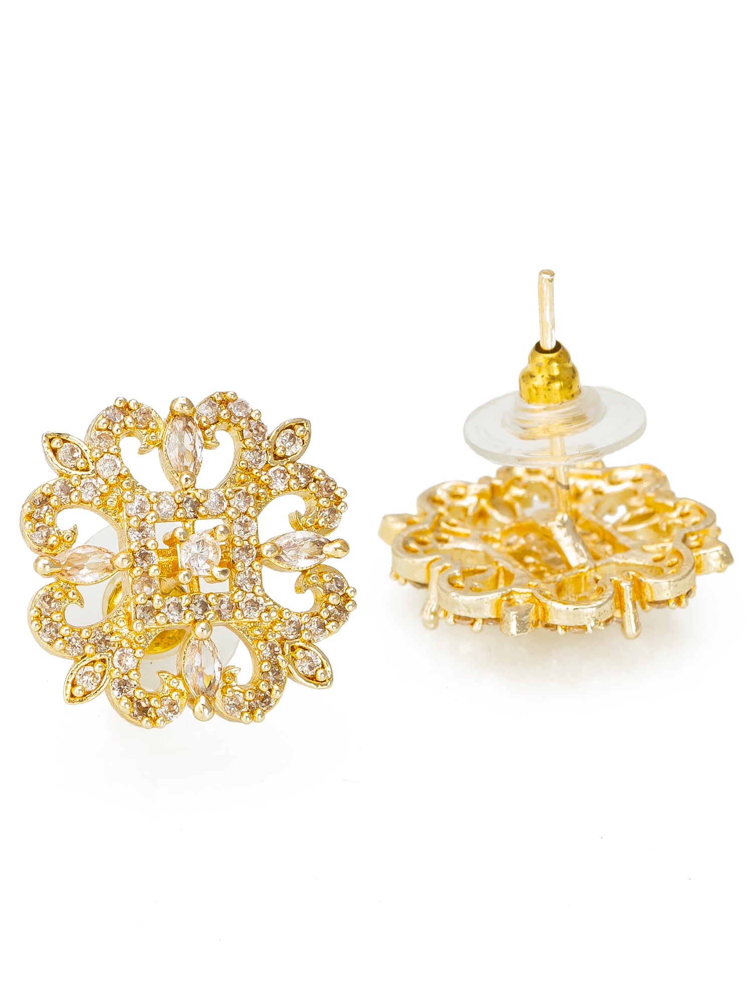 Aadita Traditional Wear Gold-Plated White AD Stone Filigree Floral Stud Earrings