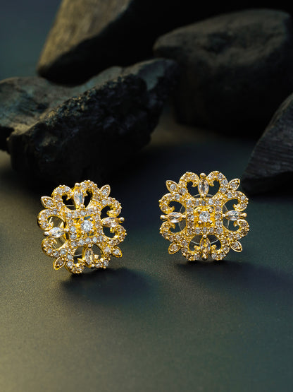 Aadita Traditional Wear Gold-Plated White AD Stone Filigree Floral Stud Earrings
