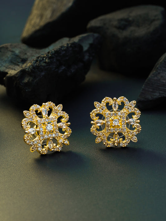 Aadita Traditional Wear Gold-Plated White AD Stone Filigree Floral Stud Earrings