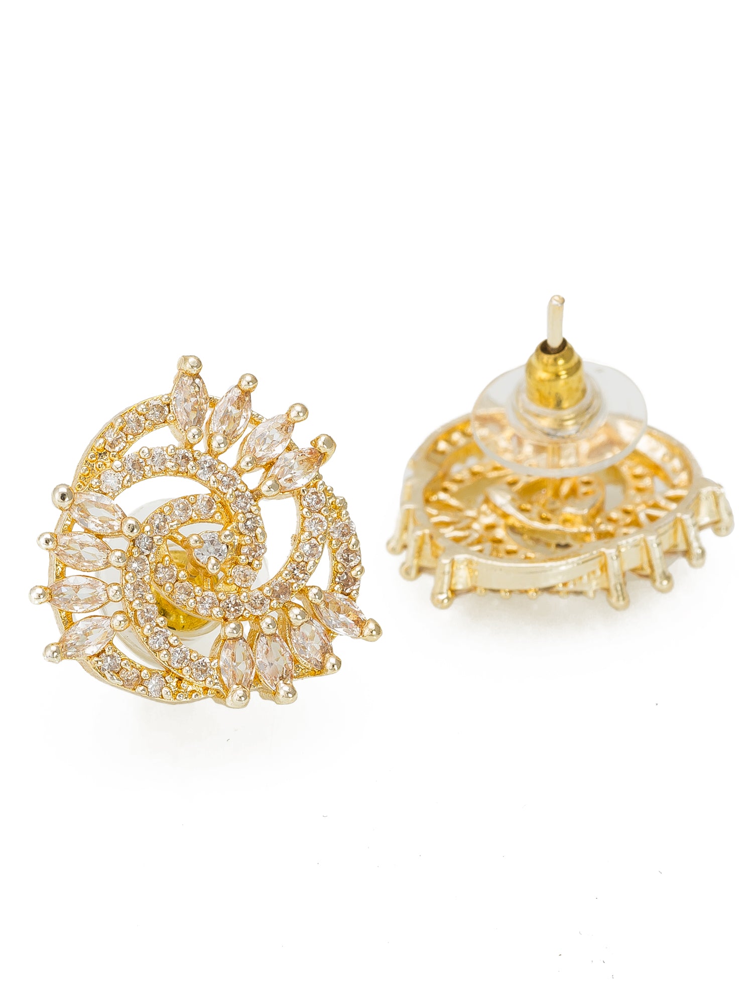 Aadita Presents Festive Wear Gold-Plated Champagne and White AD Stone Swirl Spiral Stud Earrings