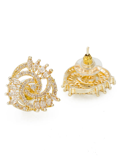 Aadita Presents Festive Wear Gold-Plated Champagne and White AD Stone Swirl Spiral Stud Earrings