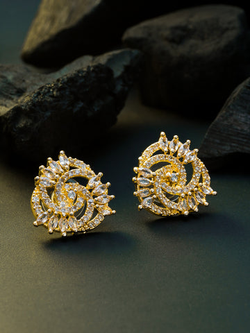 Aadita Presents Festive Wear Gold-Plated Champagne and White AD Stone Swirl Spiral Stud Earrings