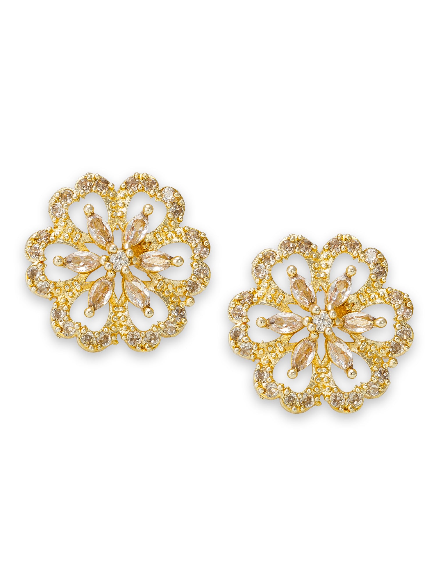Aadita Party Wear Gold-Plated Champagne AD Stone Open Floral Scallop Stud Earrings