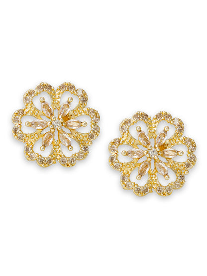 Aadita Party Wear Gold-Plated Champagne AD Stone Open Floral Scallop Stud Earrings