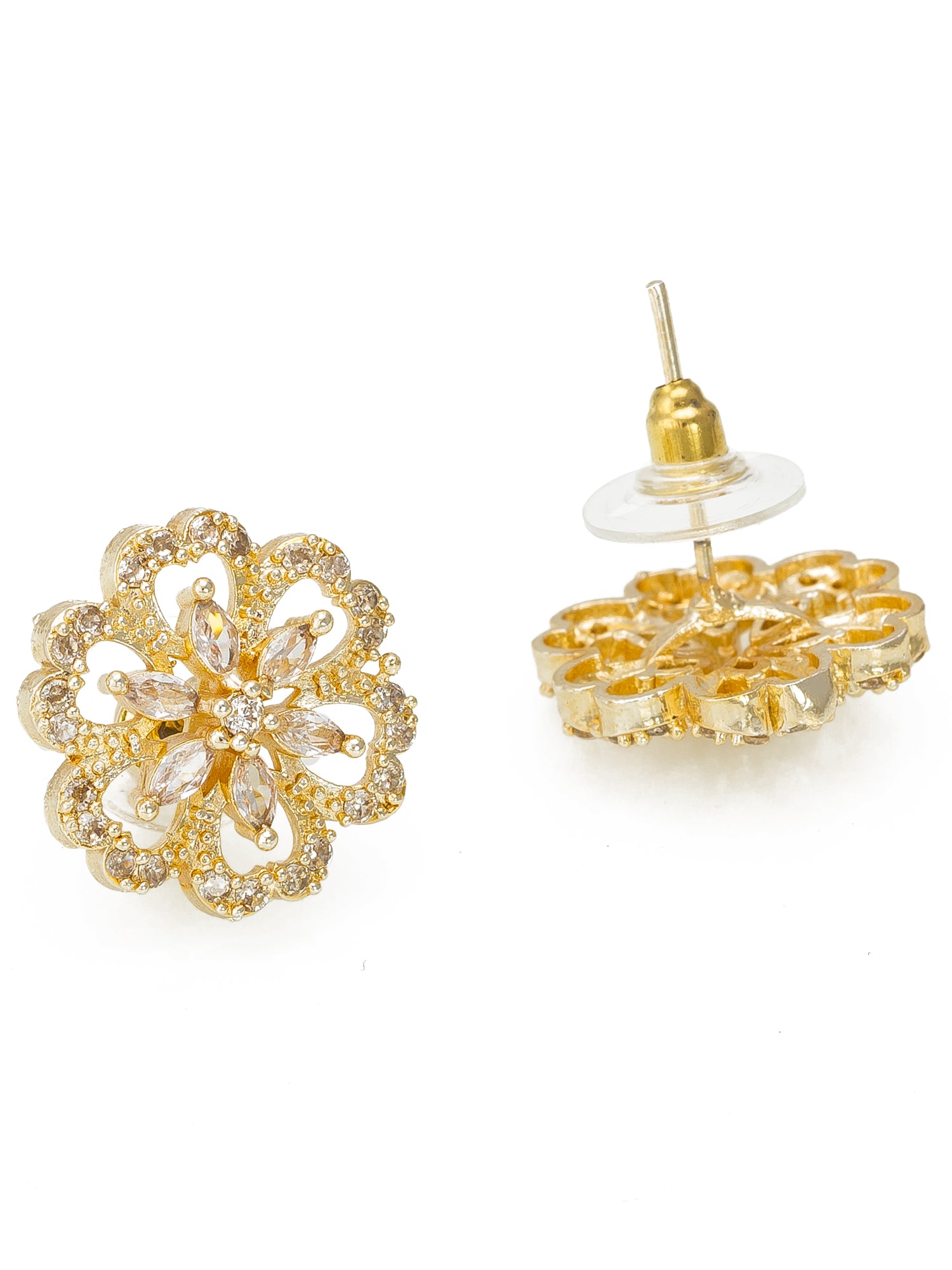 Aadita Party Wear Gold-Plated Champagne AD Stone Open Floral Scallop Stud Earrings