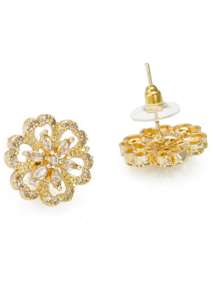 Aadita Party Wear Gold-Plated Champagne AD Stone Open Floral Scallop Stud Earrings