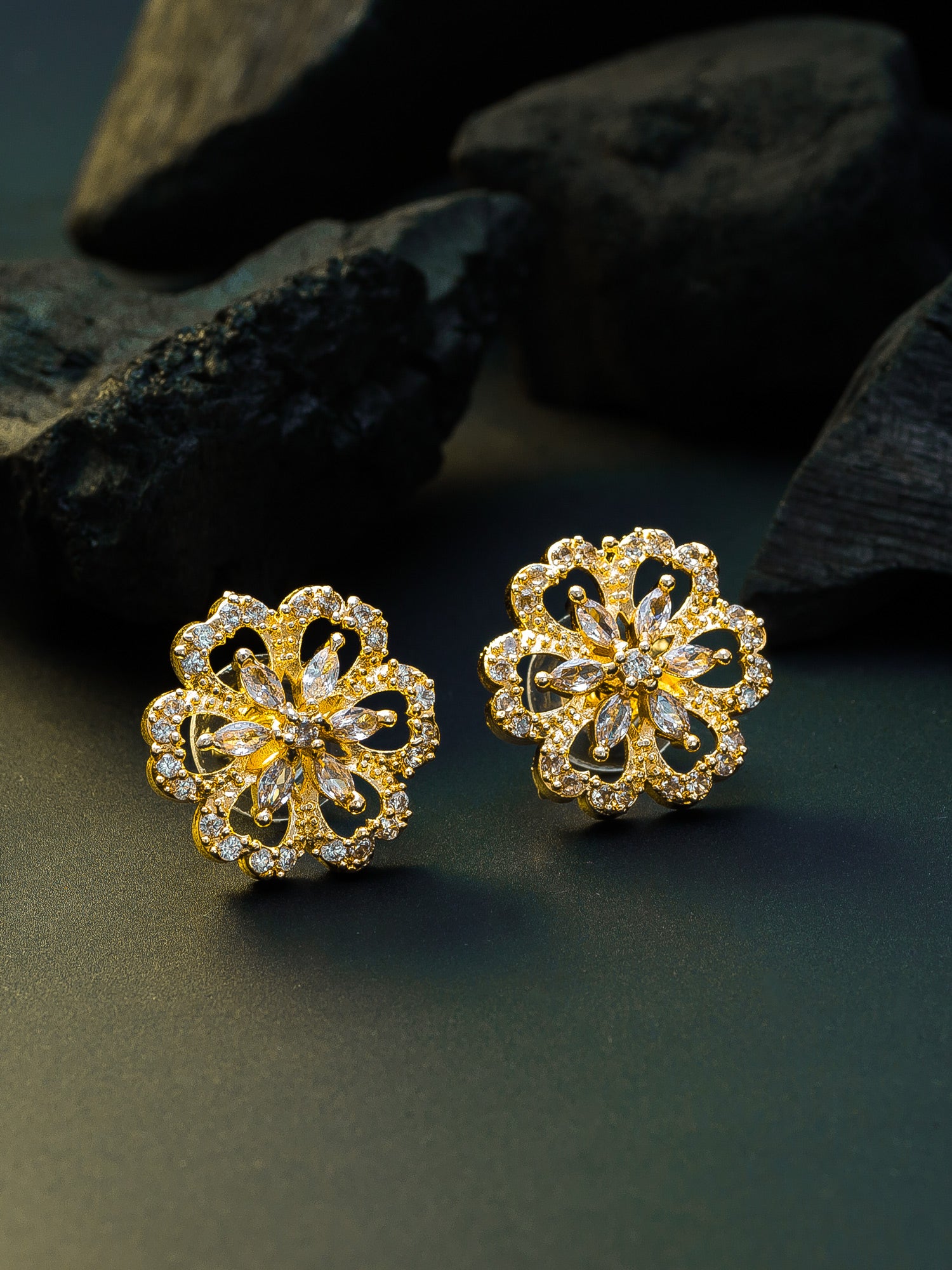 Aadita Party Wear Gold-Plated Champagne AD Stone Open Floral Scallop Stud Earrings