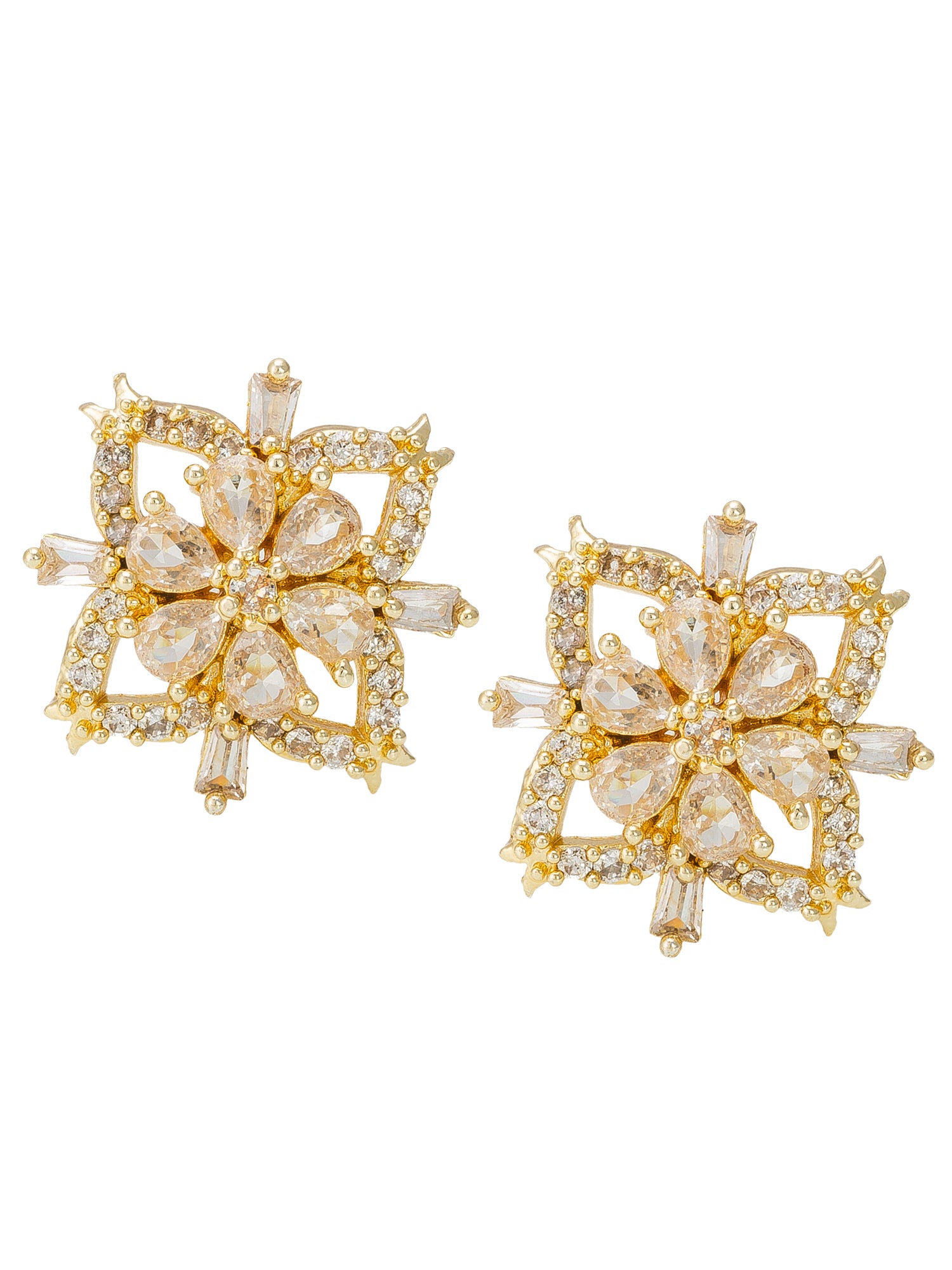 Aadita Festive Wear Gold-Plated White AD Stone Pear Floral Square Stud Earrings