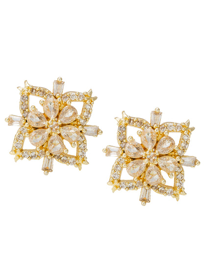 Aadita Festive Wear Gold-Plated White AD Stone Pear Floral Square Stud Earrings