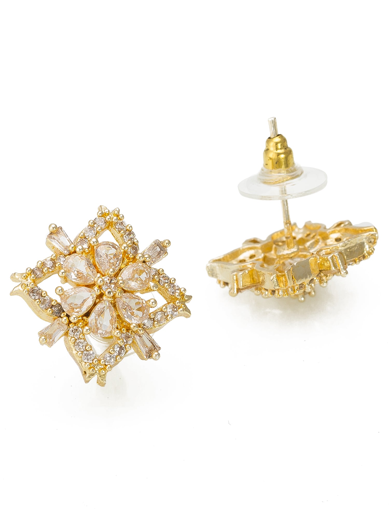 Aadita Festive Wear Gold-Plated White AD Stone Pear Floral Square Stud Earrings