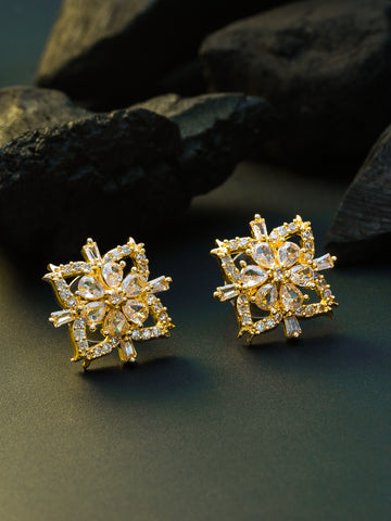 Aadita Festive Wear Gold-Plated White AD Stone Pear Floral Square Stud Earrings