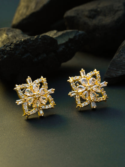 Aadita Festive Wear Gold-Plated White AD Stone Pear Floral Square Stud Earrings