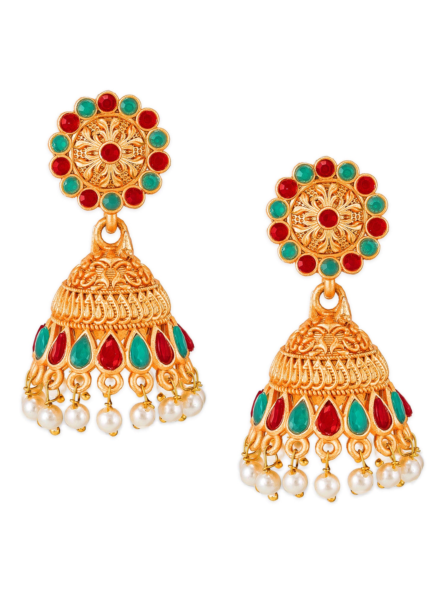 Aadita Antique Gold Floral Jhumka Earrings with Stones and Pearl Drops