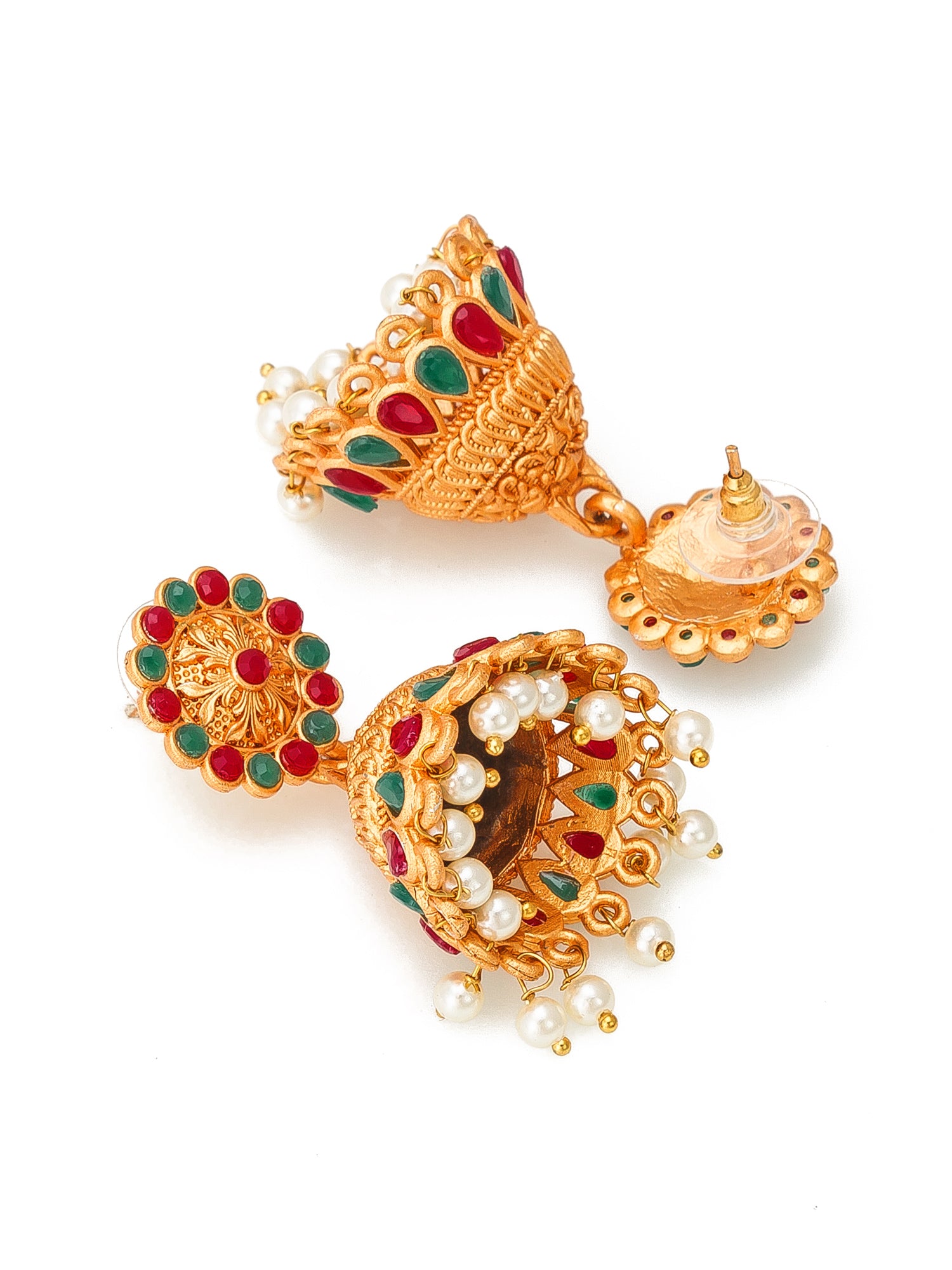Aadita Antique Gold Floral Jhumka Earrings with Stones and Pearl Drops