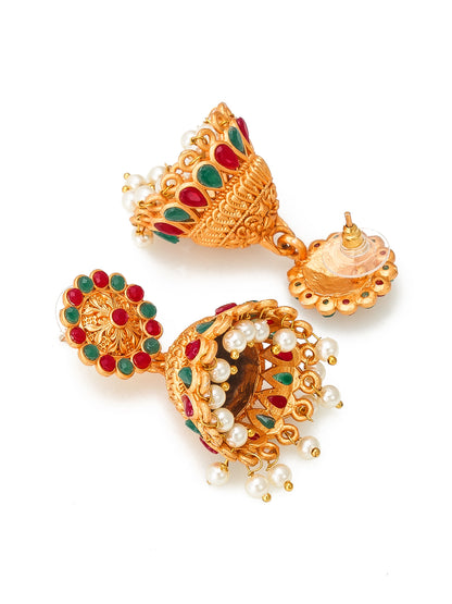 Aadita Antique Gold Floral Jhumka Earrings with Stones and Pearl Drops