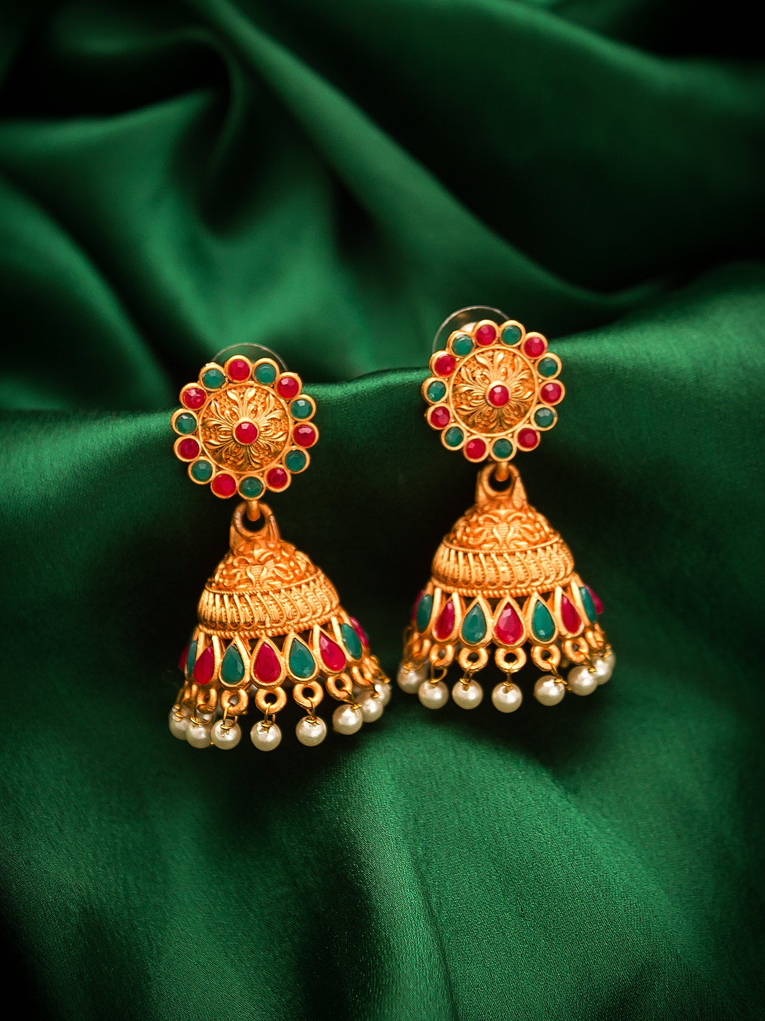 Aadita Antique Gold Floral Jhumka Earrings with Stones and Pearl Drops