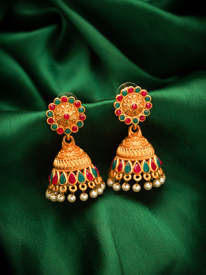 Aadita Antique Gold Floral Jhumka Earrings with Stones and Pearl Drops