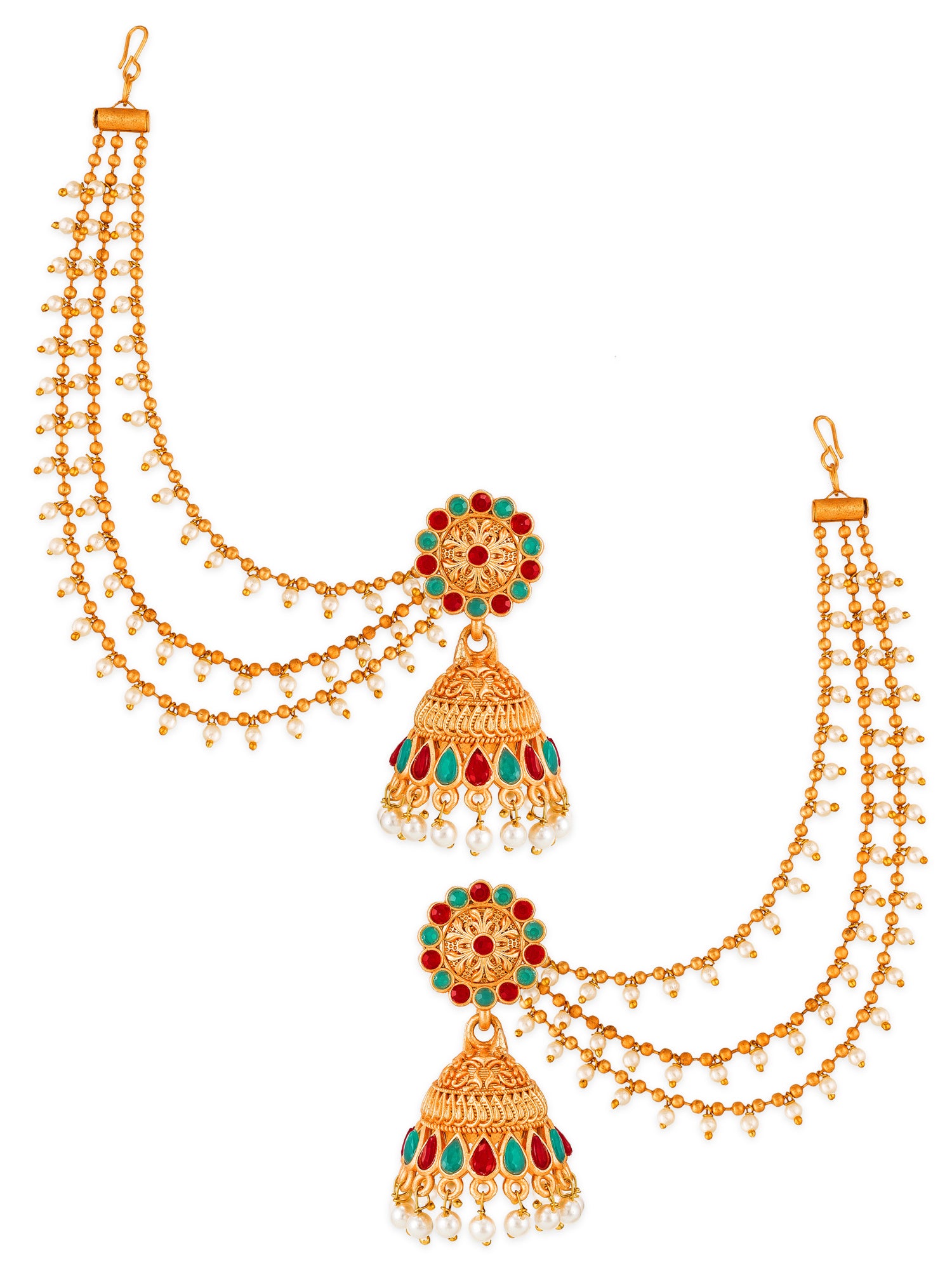 Aadita Antique Gold Bahubali Jhumka Earrings with Stones, Pearl Drops and Multi-Strand Hair Chain