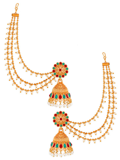 Aadita Antique Gold Bahubali Jhumka Earrings with Stones, Pearl Drops and Multi-Strand Hair Chain