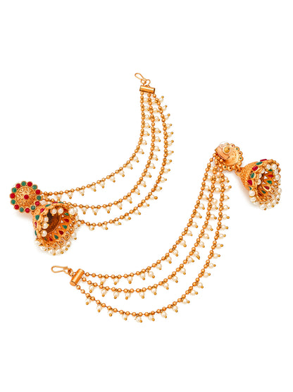 Aadita Antique Gold Bahubali Jhumka Earrings with Stones, Pearl Drops and Multi-Strand Hair Chain