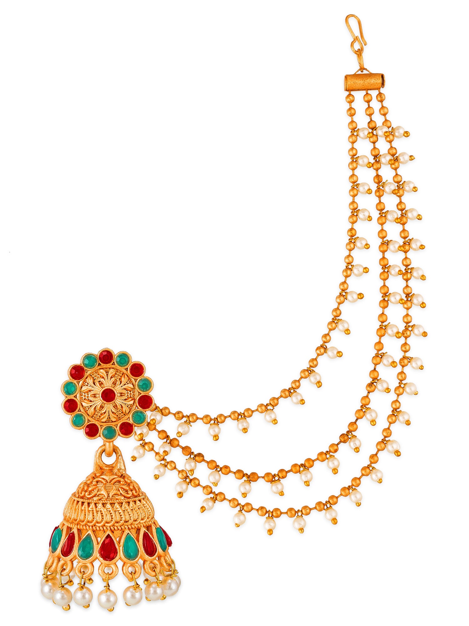 Aadita Antique Gold Bahubali Jhumka Earrings with Stones, Pearl Drops and Multi-Strand Hair Chain