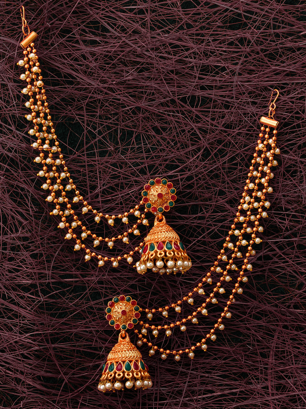 Aadita Antique Gold Bahubali Jhumka Earrings with Stones, Pearl Drops and Multi-Strand Hair Chain