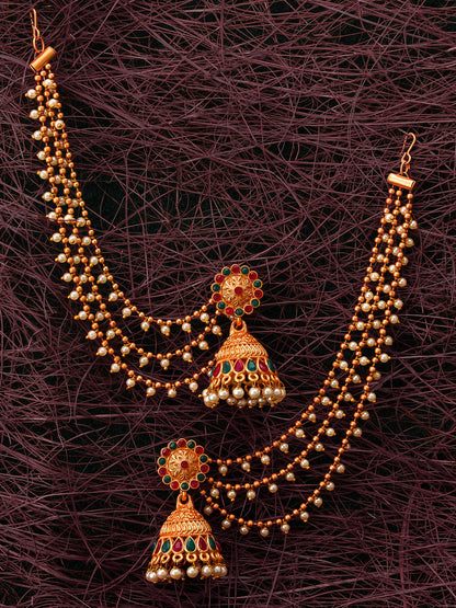 Aadita Antique Gold Bahubali Jhumka Earrings with Stones, Pearl Drops and Multi-Strand Hair Chain