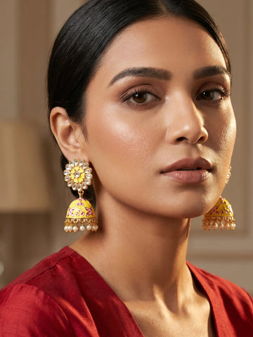 Aadita Meenakari Jhumka Earrings with Kundan Floral Stud and Pearl Drops