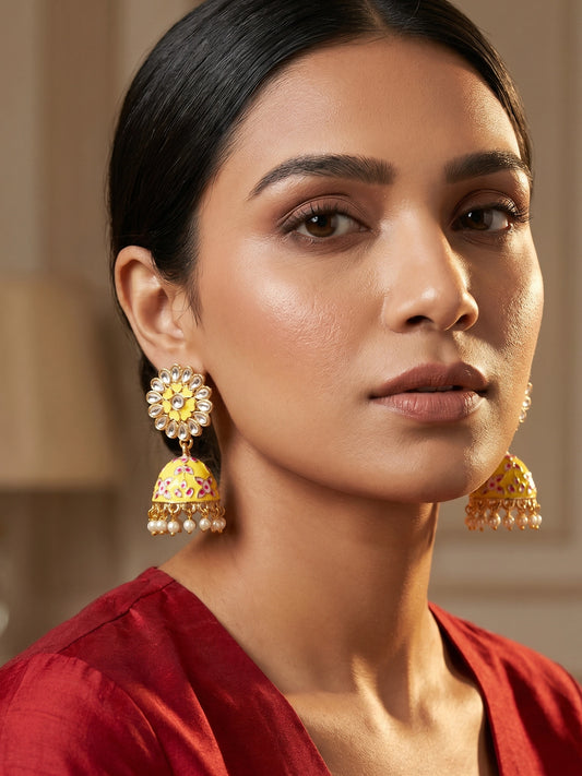 Aadita Meenakari Jhumka Earrings with Kundan Floral Stud and Pearl Drops