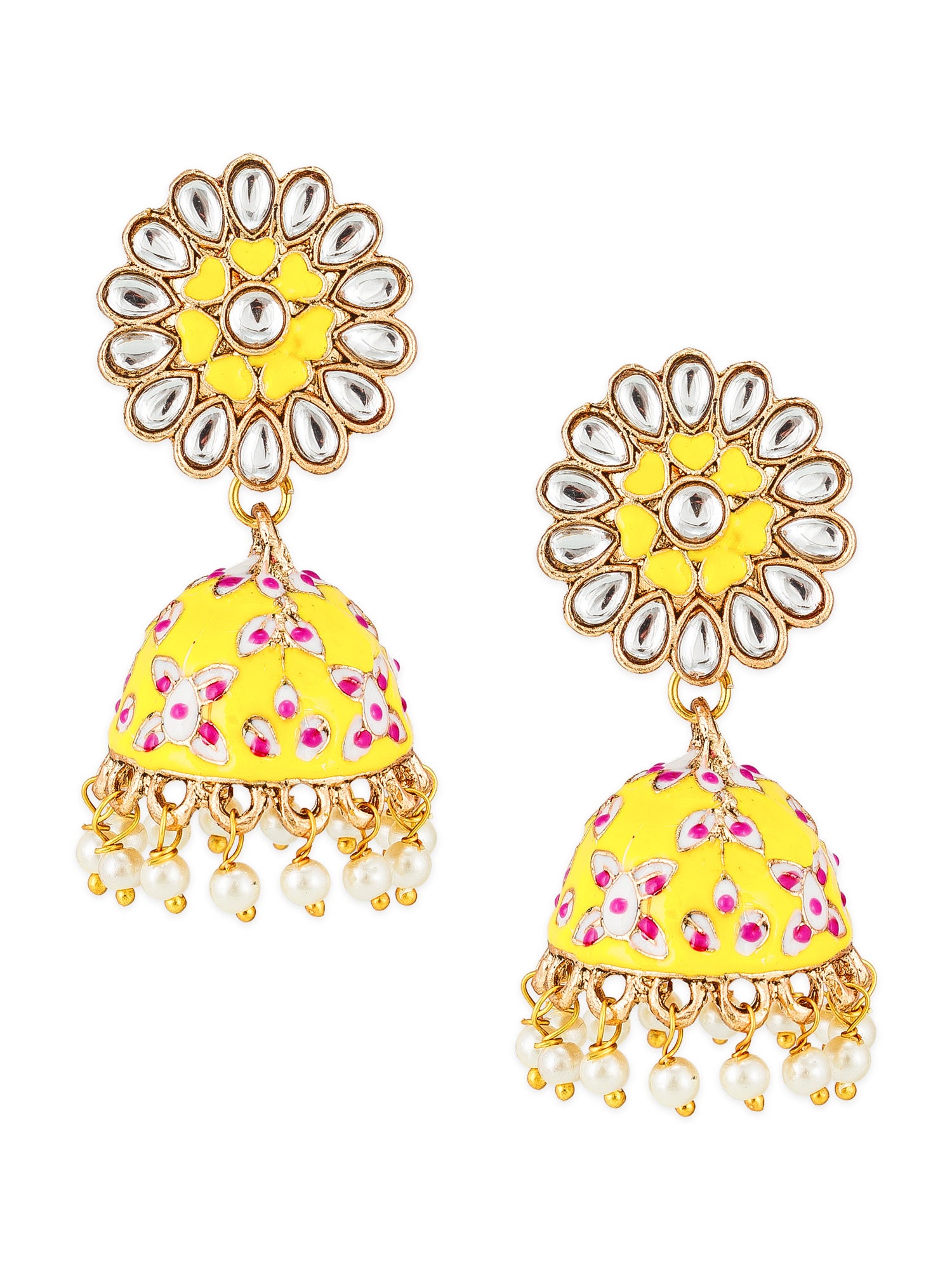 Aadita Meenakari Jhumka Earrings with Kundan Floral Stud and Pearl Drops