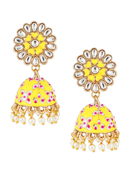Aadita Meenakari Jhumka Earrings with Kundan Floral Stud and Pearl Drops