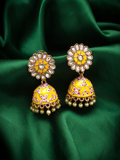 Aadita Meenakari Jhumka Earrings with Kundan Floral Stud and Pearl Drops