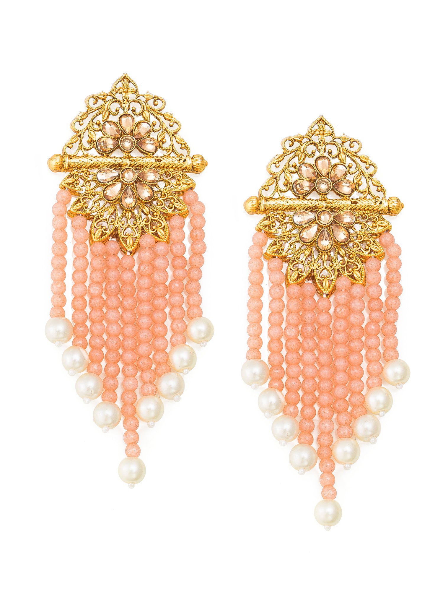 Aadita Gold-Toned Kundan Floral Filigree Earrings with Peach Bead and Pearl Tassel Drops For Wedding Wear