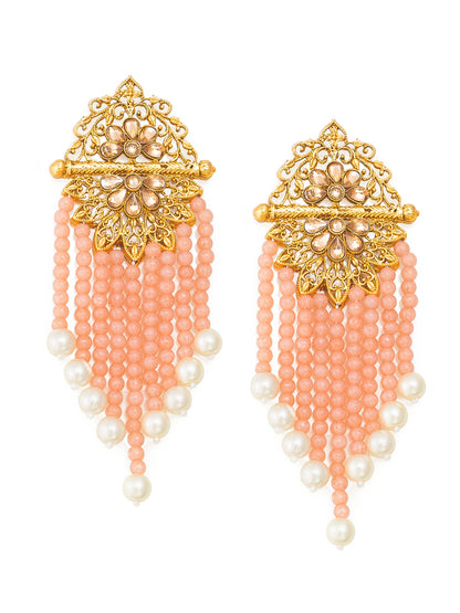Aadita Gold-Toned Kundan Floral Filigree Earrings with Peach Bead and Pearl Tassel Drops For Wedding Wear