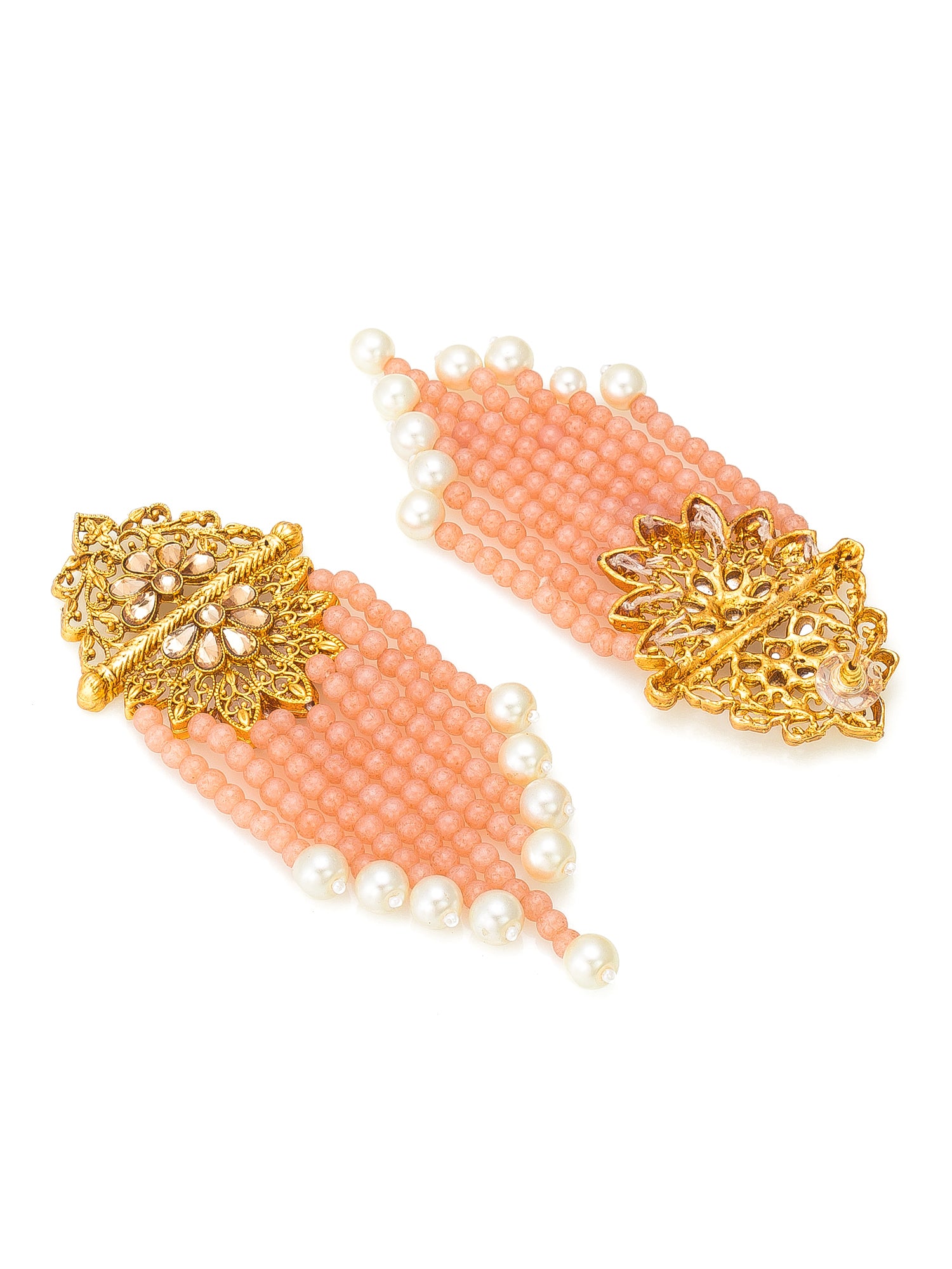 Aadita Gold-Toned Kundan Floral Filigree Earrings with Peach Bead and Pearl Tassel Drops For Wedding Wear