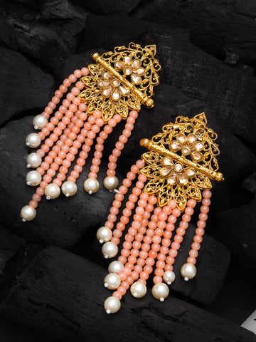 Aadita Gold-Toned Kundan Floral Filigree Earrings with Peach Bead and Pearl Tassel Drops For Wedding Wear