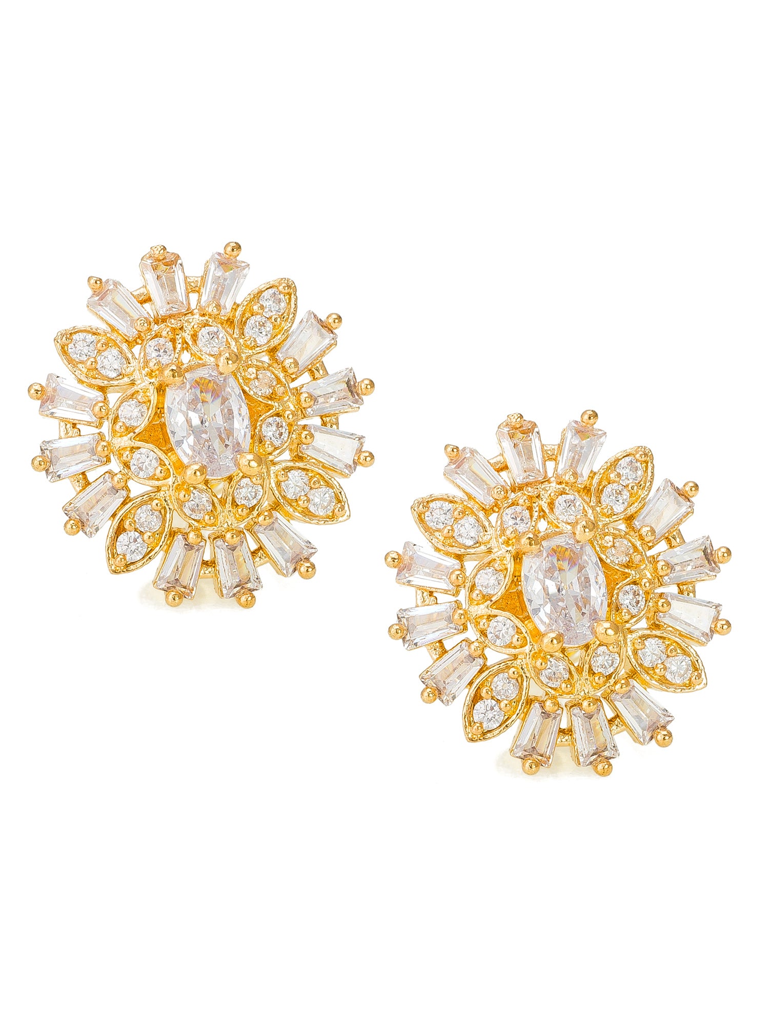 Aadita Gold-Plated White AD Stone Baguette and Marquise Floral Cluster Stud Earrings For Party Wear