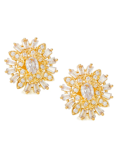 Aadita Gold-Plated White AD Stone Baguette and Marquise Floral Cluster Stud Earrings For Party Wear
